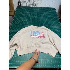 Protrend Womens USA Graphic Cropped Sweatshirt Cream Patriotic Pullover Medium